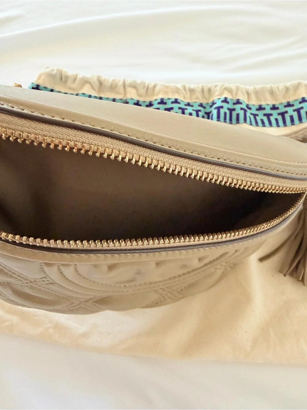 Tory Burch Quilted Fleming Tan Belt Bag with Tassel